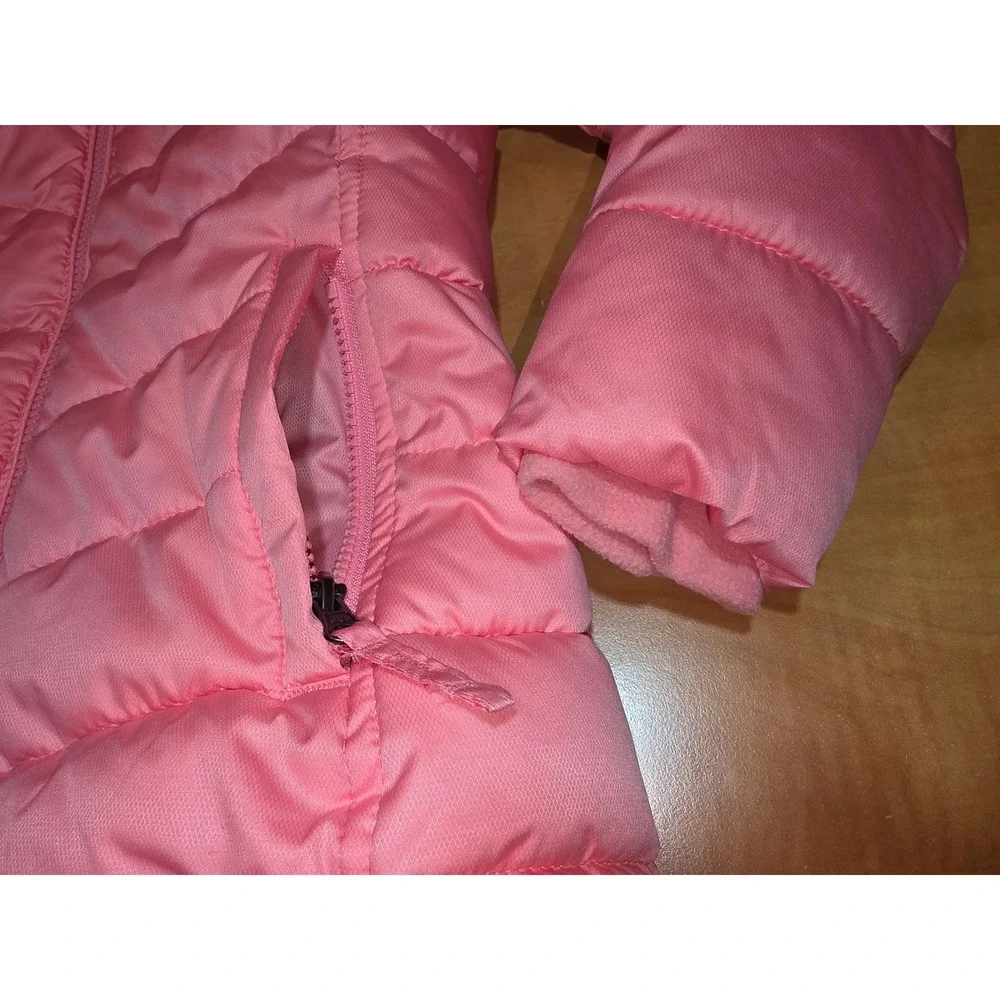 Lands End Girls Pink Puffer Jacket Faux Fur Lined Hooded Coat XS 5-6 LK340W404